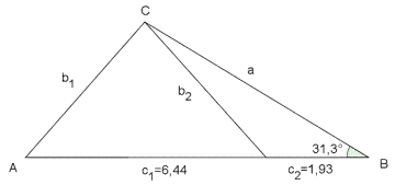 Figuren viser at det finnes to mulige trekanter med a=4,9, b=3,4 og vinkel B=31,3 grader.